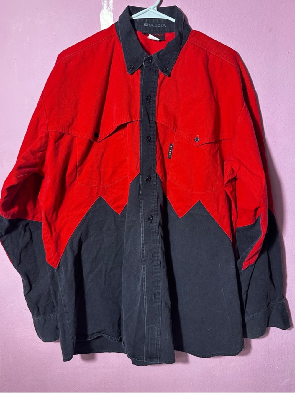 Vintage 1990s Men's Two-Tone Red & Black Lightweight Western Shirt Jacket